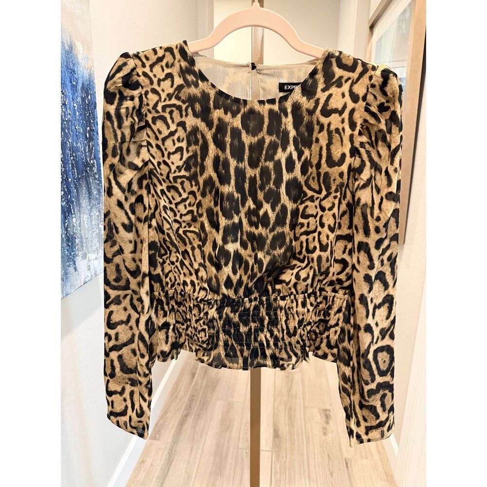Express Leopard Animal Print Puff Sleeve Smocked Crop Top S Y2K